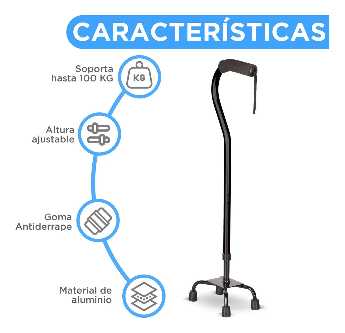 Bastón Ortopédico 4 Apoyos – Cuello de Ganso